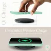 A hand is shown placing a turquoise phone case onto a wireless charger, demonstrating its charging capability. Produktbild-Vorschau