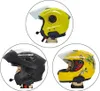 A collage of three motorcycle helmets with Bluetooth headsets, each displayed on a mannequin head. Produktbild-Vorschau