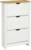 A white shoe cabinet with a wooden top and three flip-down drawers. Produktbild-Vorschau