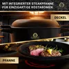 A split image showing a cast iron pot with a lid in an oven on the top half, and steaks cooking in a pan on the bottom half. Produktbild-Vorschau