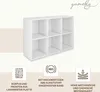 A white shelving unit with six compartments, presented with marketing icons and text highlighting its features. Produktbild-Vorschau