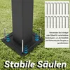Close-up of a black pergola leg base on grass, with installation hardware and text. Náhľad obrázku produktu