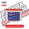A bucket of PUFAS Tapetengrund (wallpaper primer) is shown with marketing graphics and text overlay. Produktbild-Vorschau