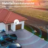 A security camera is shown mounted on a house, with its field of view indicated by blue arcs covering a driveway, a person playing with a ball, and a dog. The image also shows cars and a stroller. Náhled obrázku produktu