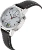 A close-up, angled view of a wristwatch with a black leather strap and a white face. Produktbild-Vorschau