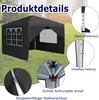 A black pop-up gazebo with windows, set up on a grassy area with a blurred background of buildings and trees. Several close-up insets highlight product features. Produktbild-Vorschau