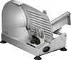 A silver electric slicer with a ribbed cutting guard and a black adjustment knob sits on a white background. Produktbild-Vorschau