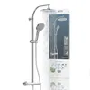 A chrome shower system with a rain shower head and a handheld shower head, with water spraying from the shower heads. A product box with images of the shower system is placed behind it. Podgląd zdjęcia produktu