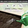 A close-up of soil being watered from a green watering can, with marketing text and icons overlayed on a blurred background of plants and a raised garden bed. Produktbild-Vorschau