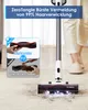 A person is using a cordless vacuum cleaner on a carpeted floor, with a marketing graphic overlay highlighting a feature. Produktbild-Vorschau