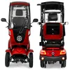 Two views of a red mobility scooter with a roof and windshield, shown against a white background. Produktbild-Vorschau