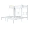 A white metal triple bunk bed with three single beds on the bottom and two bunk beds on top, with a ladder. Produktbild-Vorschau