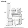A diagram showing the dimensions of a white vanity table set with a mirror and stool. Produktbild-Vorschau