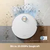 A white robot vacuum cleaner is shown on a multi-textured floor, with dust and debris being sucked up. Text indicates high suction power. Produktbild-Vorschau