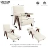 Diagrams and dimensions of a cream-colored armchair and chaise lounge with wooden legs and armrests. Náhled obrázku produktu