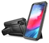 A black protective case for an Apple iPhone XR is shown from two angles, with one showing the back and the other showing the front with the screen on. Produktbild-Vorschau