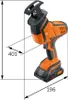 A cordless reciprocating saw with measurement lines and dimensions indicated. Produktbild-Vorschau