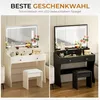 A split image showing two vanity tables, one white and one black, both with LED mirrors and stools. The text "BESTE GESCHENKWAHL" (Best Gift Choice) and "Schminktisch mit LED-beleuchtetem Spiegel" (Vanity table with LED-illuminated mirror) is displayed at  Produktbild-Vorschau