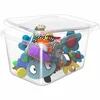 A clear plastic storage box filled with colorful baby toys, with the lid slightly ajar. Voir les images du produit