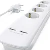 A white power strip with multiple outlets and USB ports, along with a white power plug, is shown against a white background. Náhled obrázku produktu