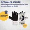 A pair of black and white goalkeeper gloves are displayed with marketing text. Produktbild-Vorschau