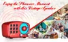 A collage of images showing people enjoying music from a vintage-style speaker in various settings, with text overlay promoting the product. Produktbild-Vorschau