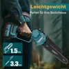 A person holding a cordless chainsaw with text overlays highlighting features. Podgląd zdjęcia produktu