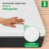 A hand touching a mattress, with text overlays and a close-up detail of the mattress material. Produktbild-Vorschau