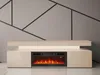 A modern TV stand with a built-in electric fireplace is shown in a room with a geometric wall design. Náhľad obrázku produktu