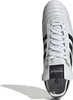A close-up, top-down view of a white Adidas soccer cleat with black stripes. Produktbild-Vorschau