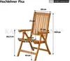 A wooden garden chair with dimensions labeled. Produktbild-Vorschau