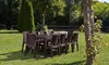 A rectangular dining table with chairs set up on a grassy lawn under trees. Produktbild-Vorschau