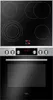 A top-down view of a black glass ceramic hob and a silver and black oven. Produktbild-Vorschau