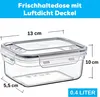 A clear plastic food storage container with dimensions indicated by lines and text. Produktbild-Vorschau