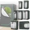 A collage of different sizes and views of grow tents, with one tent partially open showing a plant inside. Náhled obrázku produktu