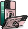 A rose gold and black phone case with a camera cover and ring holder is displayed against a white background. Produktbild-Vorschau