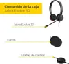 Image shows the contents of a Jabra Evolve 30 box, with labels pointing to each item. Voir les images du produit