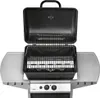 An open gas grill with its lid raised, showing the cooking grates and internal components. Produktbild-Vorschau