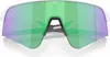 A close-up front view of a pair of white Oakley Sutro Lite Sweep sunglasses with green and purple mirrored lenses. Náhled obrázku produktu