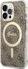A close-up, angled view of a phone case with a repeating Guess logo pattern and a circular MagSafe charging area. Anteprima dell’immagine prodotto