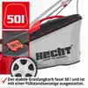 Close-up of a lawnmower's grass catcher bag and wheel, with inset images highlighting features. Produktbild-Vorschau