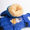 A close-up view of a pair of blue children's winter gloves with a space-themed design. Produktbild-Vorschau