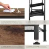 A collage of images showing details of a shoe rack, including its surface, shelves, and feet, with accompanying text descriptions. Náhled obrázku produktu