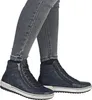 A person wearing dark grey jeans and blue high-top sneakers. Produktbild-Vorschau