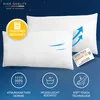 Two white pillows are shown against a dark blue background with stars. Several icons and text elements highlight product features. Produktbild-Vorschau