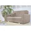 A beige sofa with a decorative pillow is shown in a room with a large plant and framed pictures on the wall. Produktbild-Vorschau