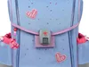 A close-up view of a light blue backpack with pink heart embellishments and a pink trim. Produktbild-Vorschau