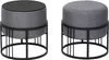 Two round, upholstered ottomans with black metal frames are shown against a white background. One ottoman has a black tabletop, suggesting it can also function as a small table. Anteprima dell’immagine prodotto