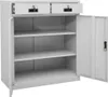 An open grey metal filing cabinet with two drawers and multiple shelves. Produktbild-Vorschau