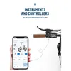 A hand holding a smartphone displaying an app connected to an electric bike's control panel. Produktbild-Vorschau